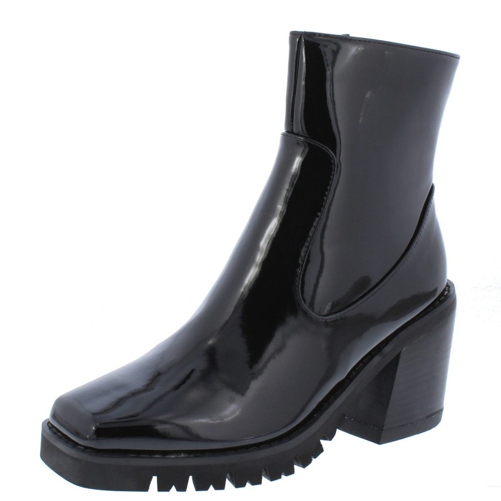 Black Patent Leather Lug Sole Square Toe Ankle Boot - 9
